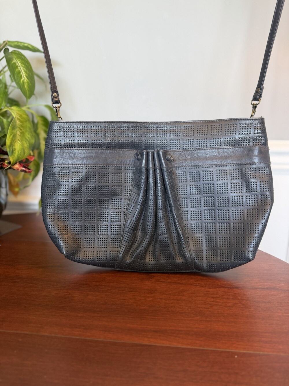 Vtg Charles Klein Blue Leather Shoulder bag Perforated Grid Italy Minimalist 90s